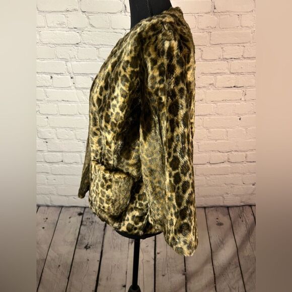 Guess Faux Fur Browns Leopard Print Lined Cropped‎ 3/4 Sleeve Jacket Size Large - Picture 4 of 10